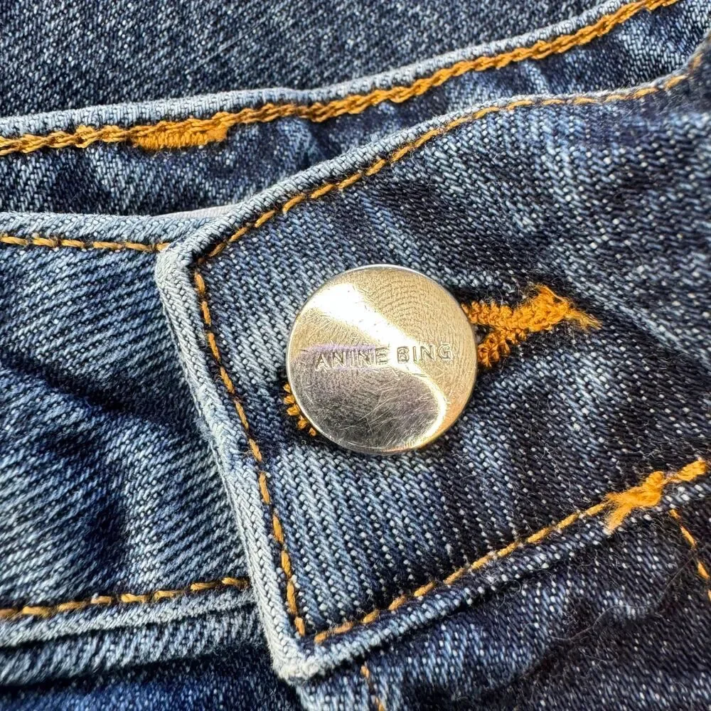 ANINE BING woman's size 31 Lara mid rise indigo raw hem ankle button fly jeans